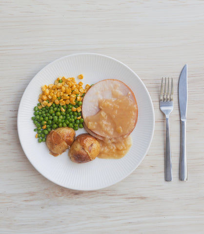 NC120 Ham Steak, Pineapple Glaze, Chat Potatoes, Corn & Peas