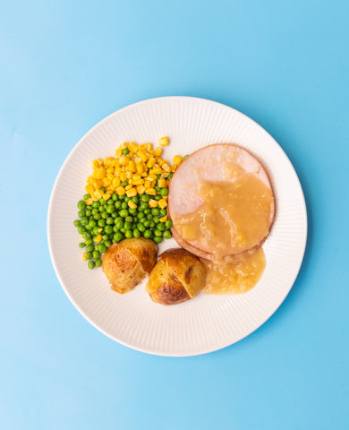 NC31 Mini Ham Steak & Pineapple Glaze, Chat Potatoes, Corn & Peas